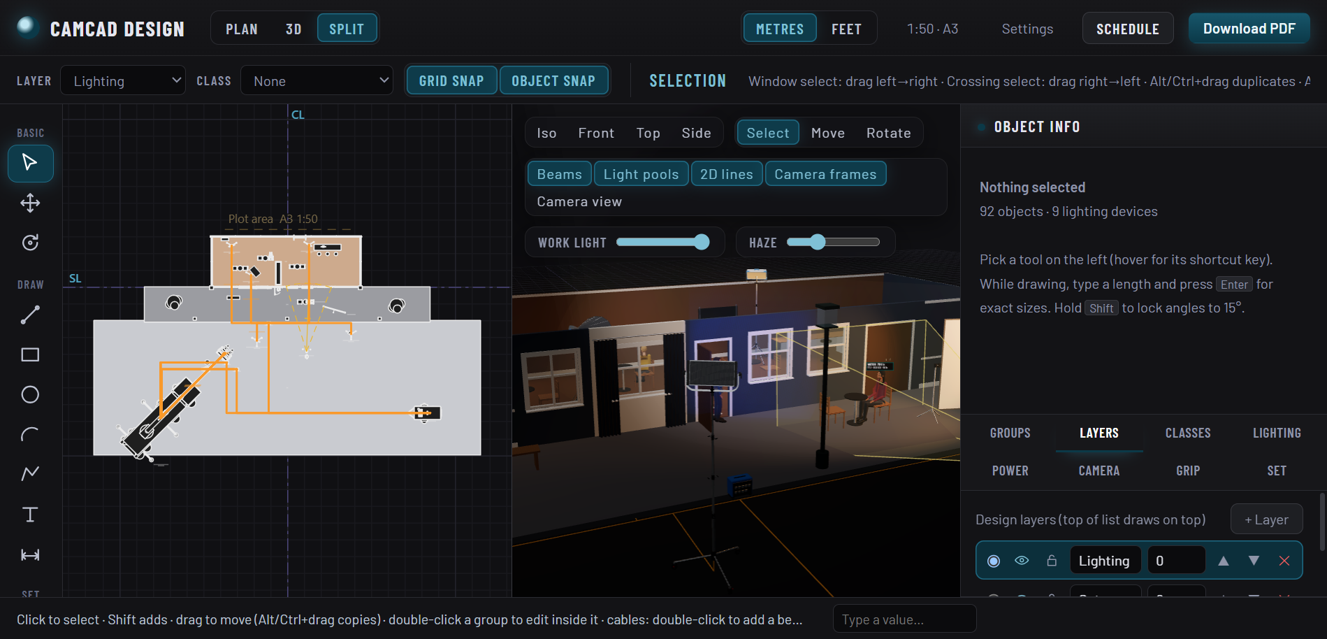 CamCad Design on a film set: the plan of a corner café on the left and the lit 3D view on the right