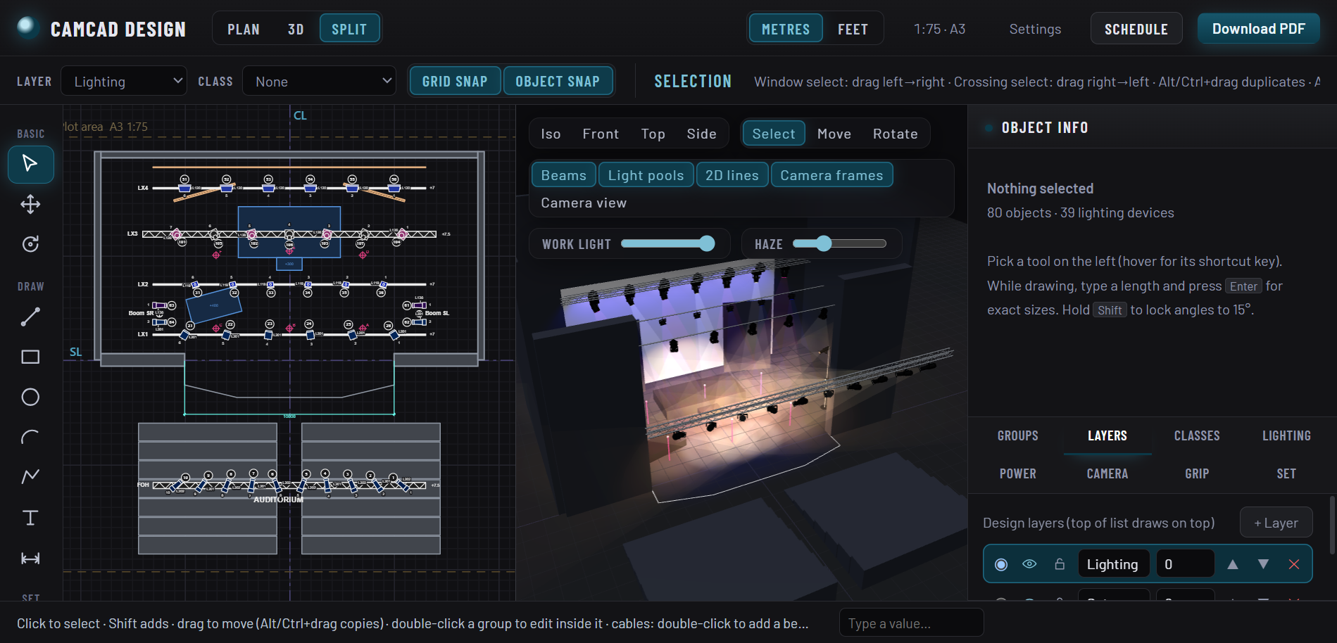 CamCad Design on a theatre rig: the plan with numbered fixtures on trusses and the lit 3D stage